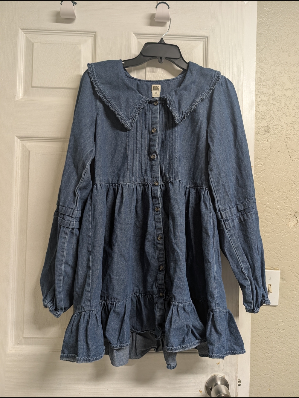 BDG Blue Denim Button-Front Ruffle Dress